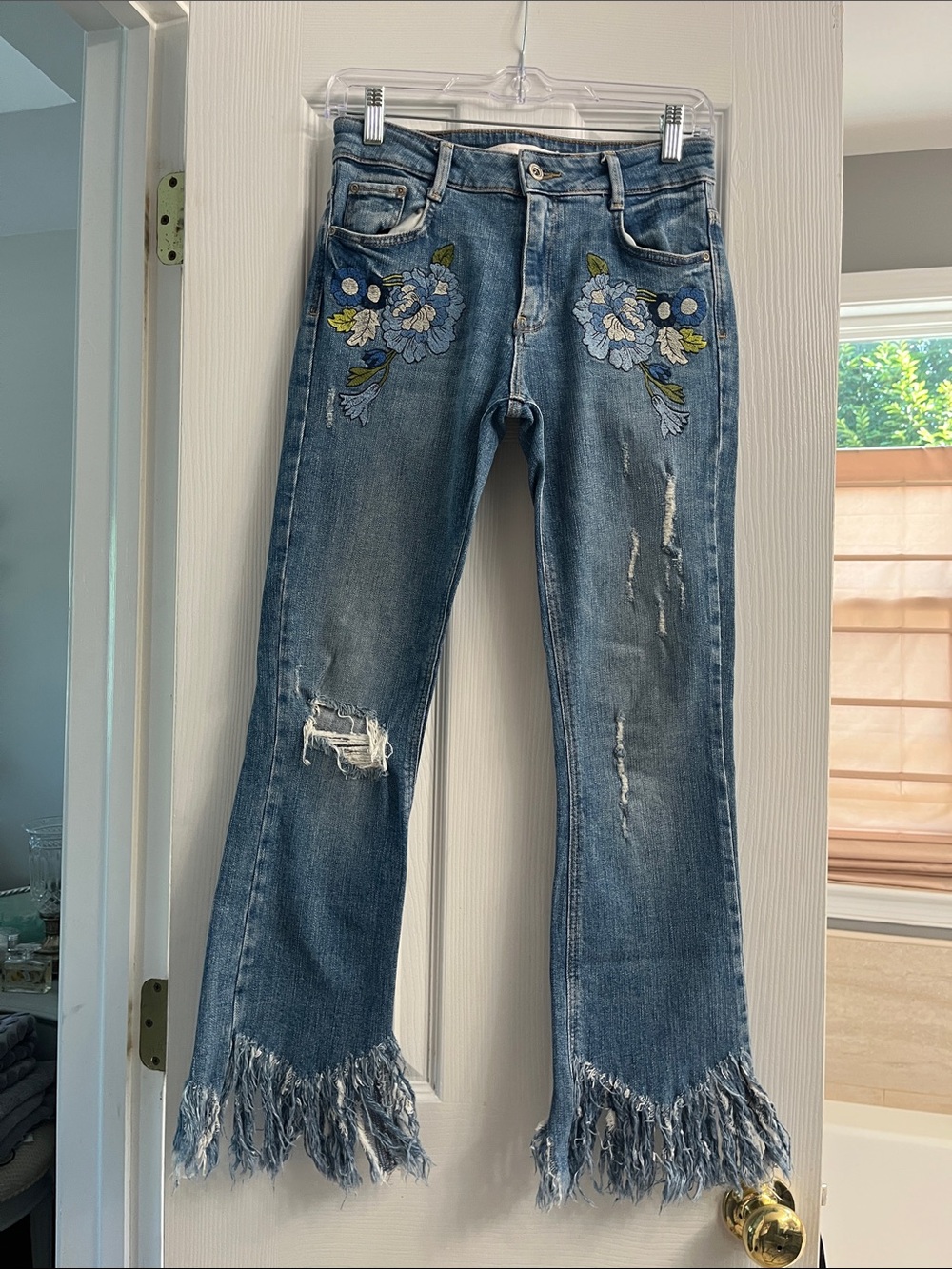 Zara Blue Distressed Flare Jeans with Floral Embroidery